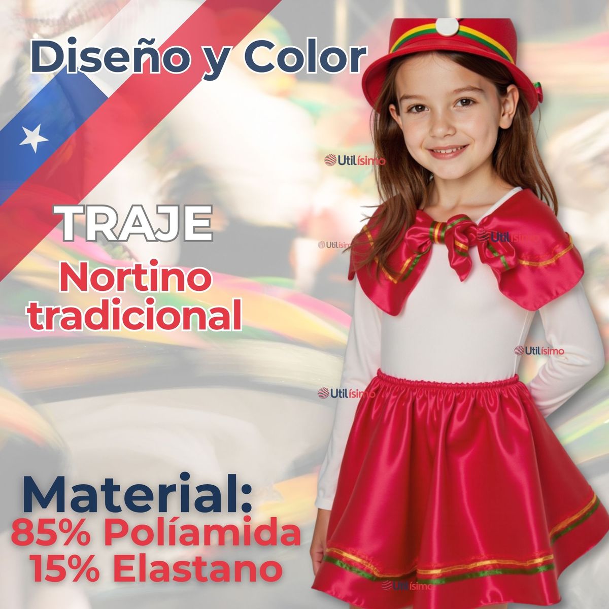 UTILISIMO - Pack 3 Traje Nortino Rojo 3 Piezas Niña Fiestas Patrias Baile Nortino