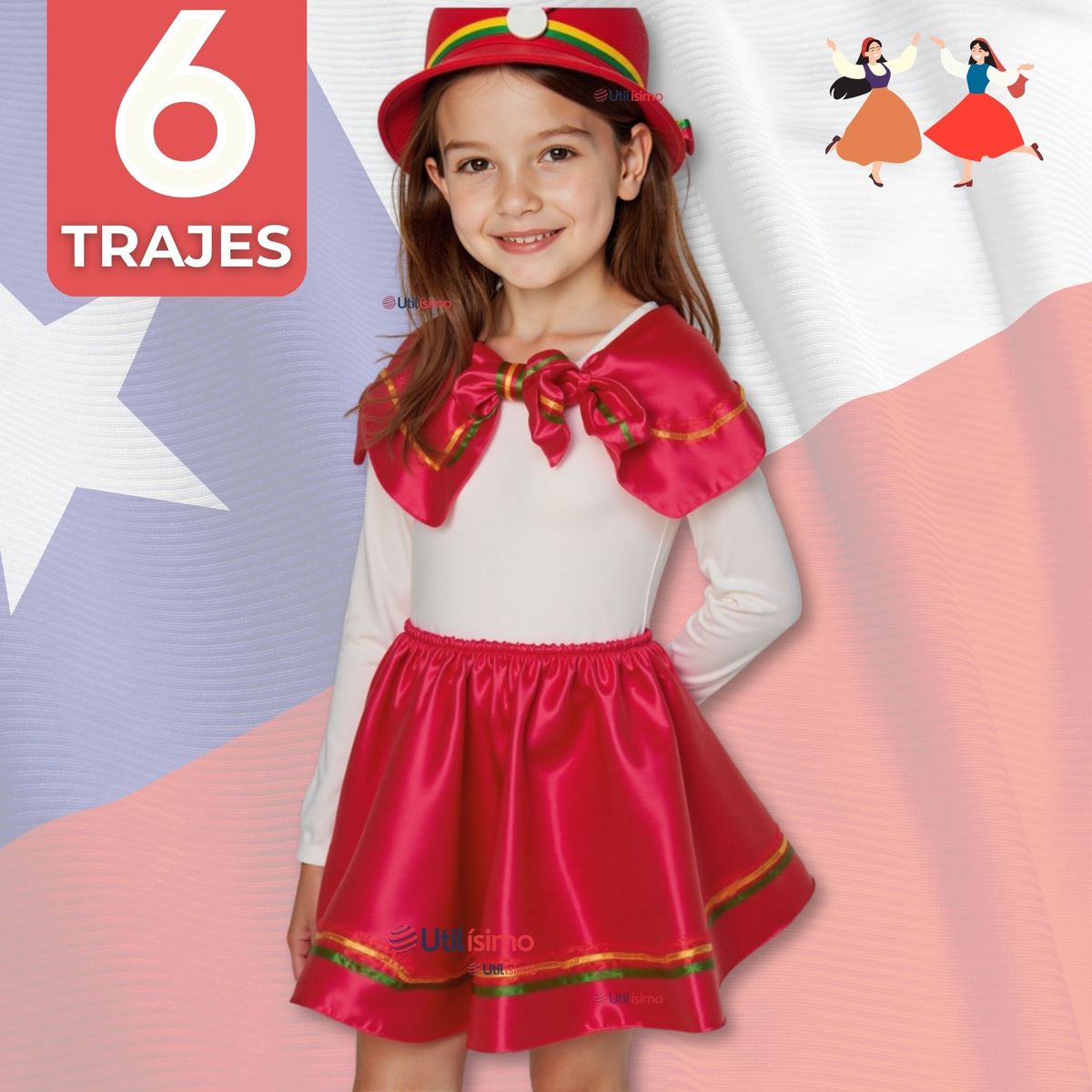 UTILISIMO - Pack 6 Traje Nortino Rojo 3 Piezas Niña Fiestas Patrias Baile Nortino
