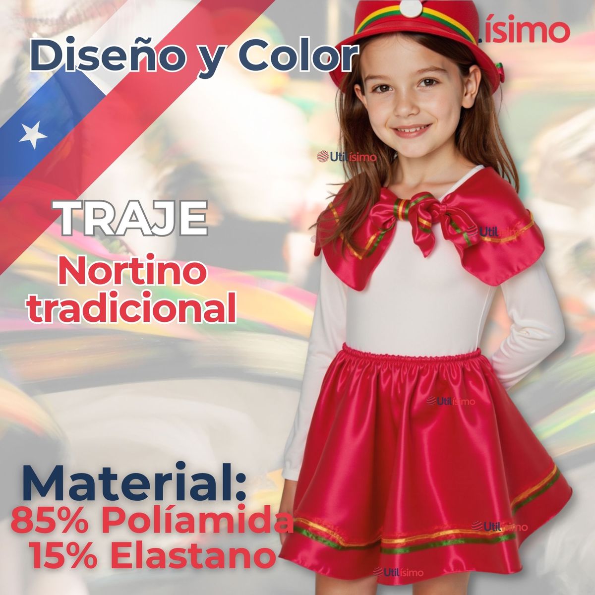 UTILISIMO - Pack 6 Traje Nortino Rojo 3 Piezas Niña Fiestas Patrias Baile Nortino