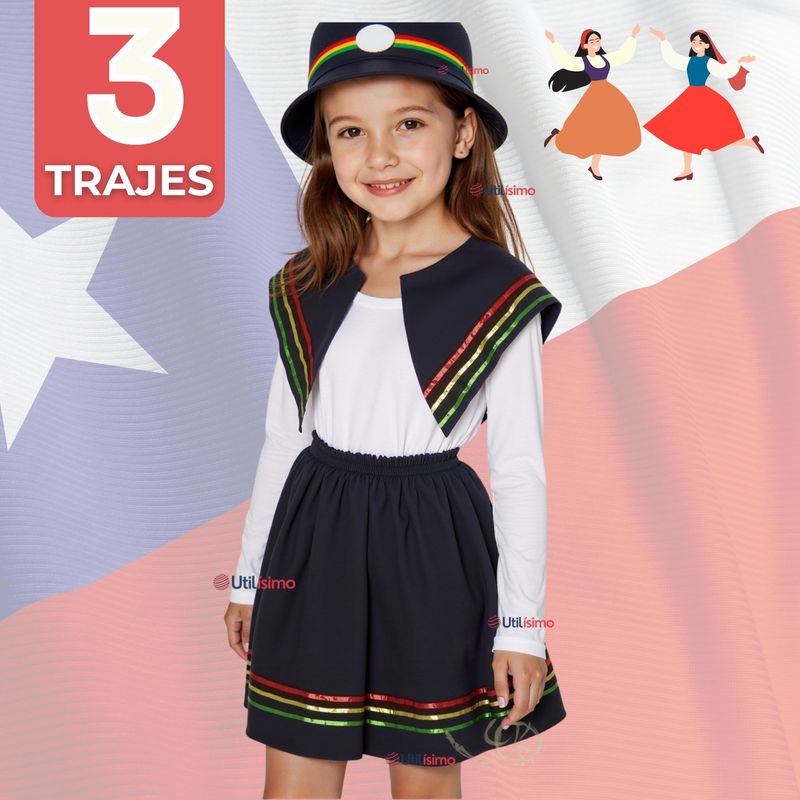 UTILISIMO - Pack 3 Traje Nortino Negro 3 Piezas Niña Fiestas Patrias