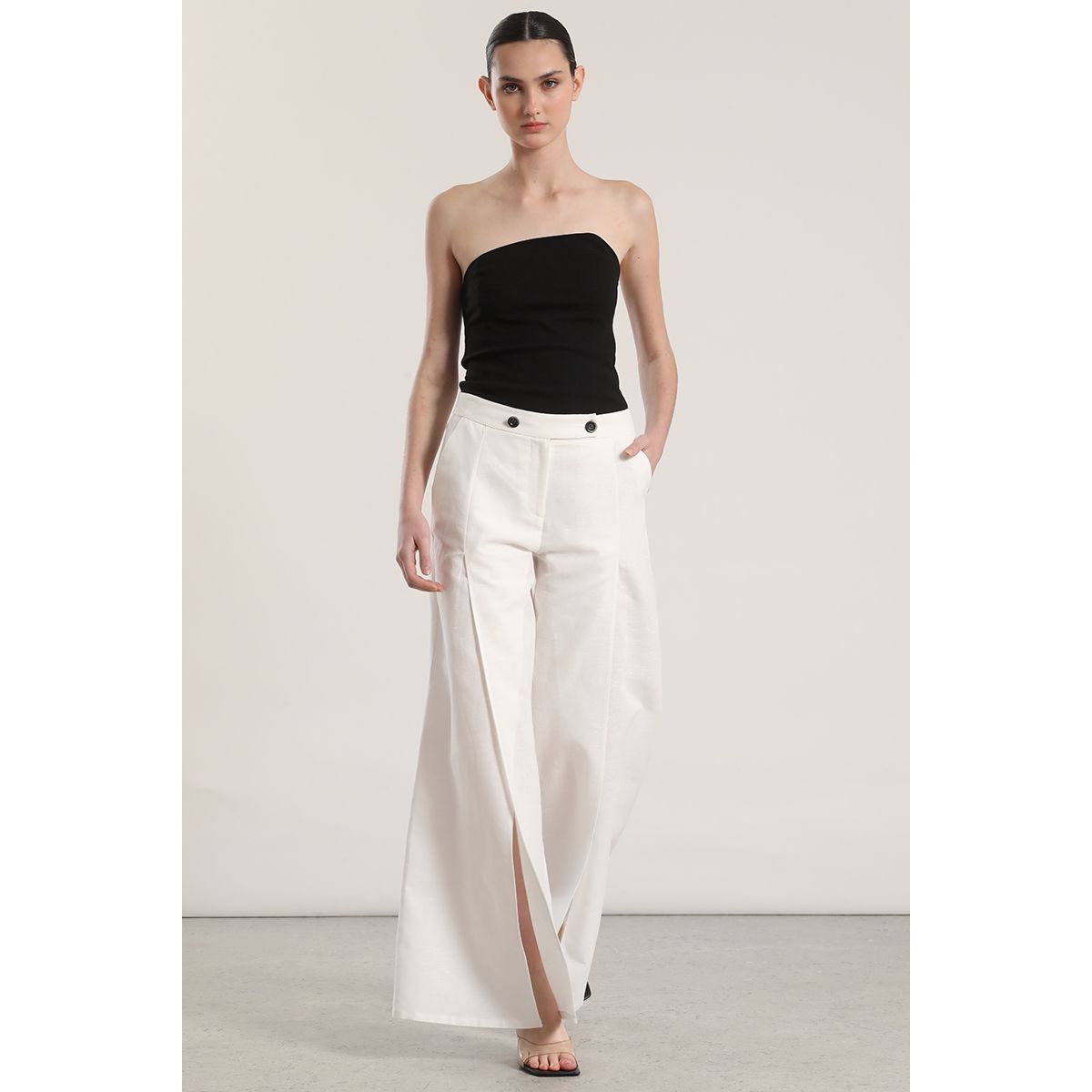 LIOLA - Pantalón ancho lino abertura liola mujer crudo