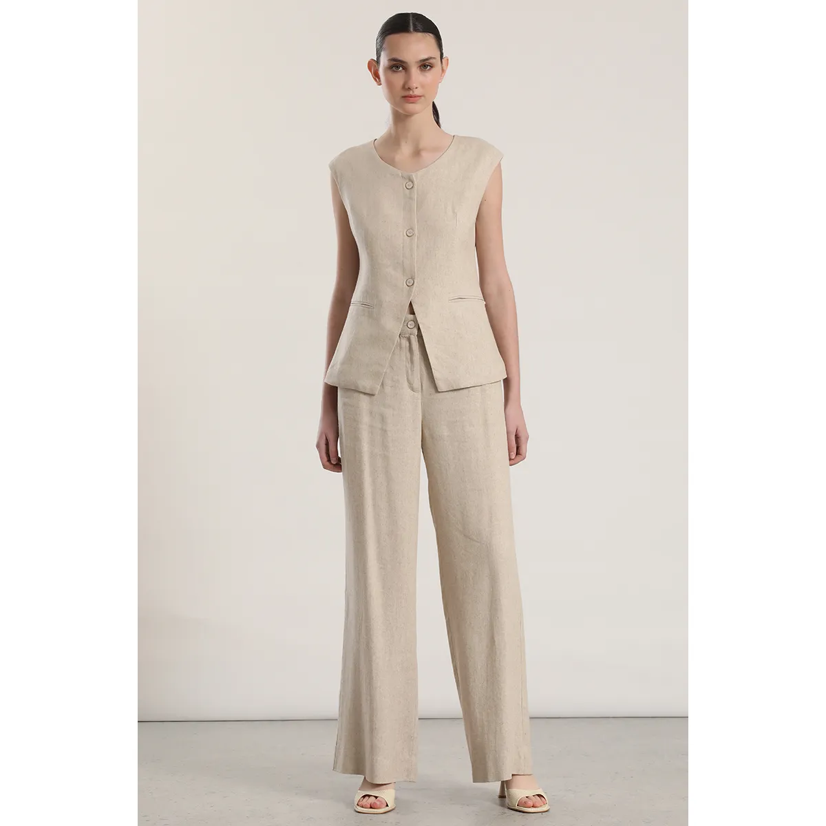 LIOLA - Pantalón palazzo lino rustico liola mujer beige