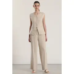 LIOLA - Pantalón palazzo lino rustico mujer beige