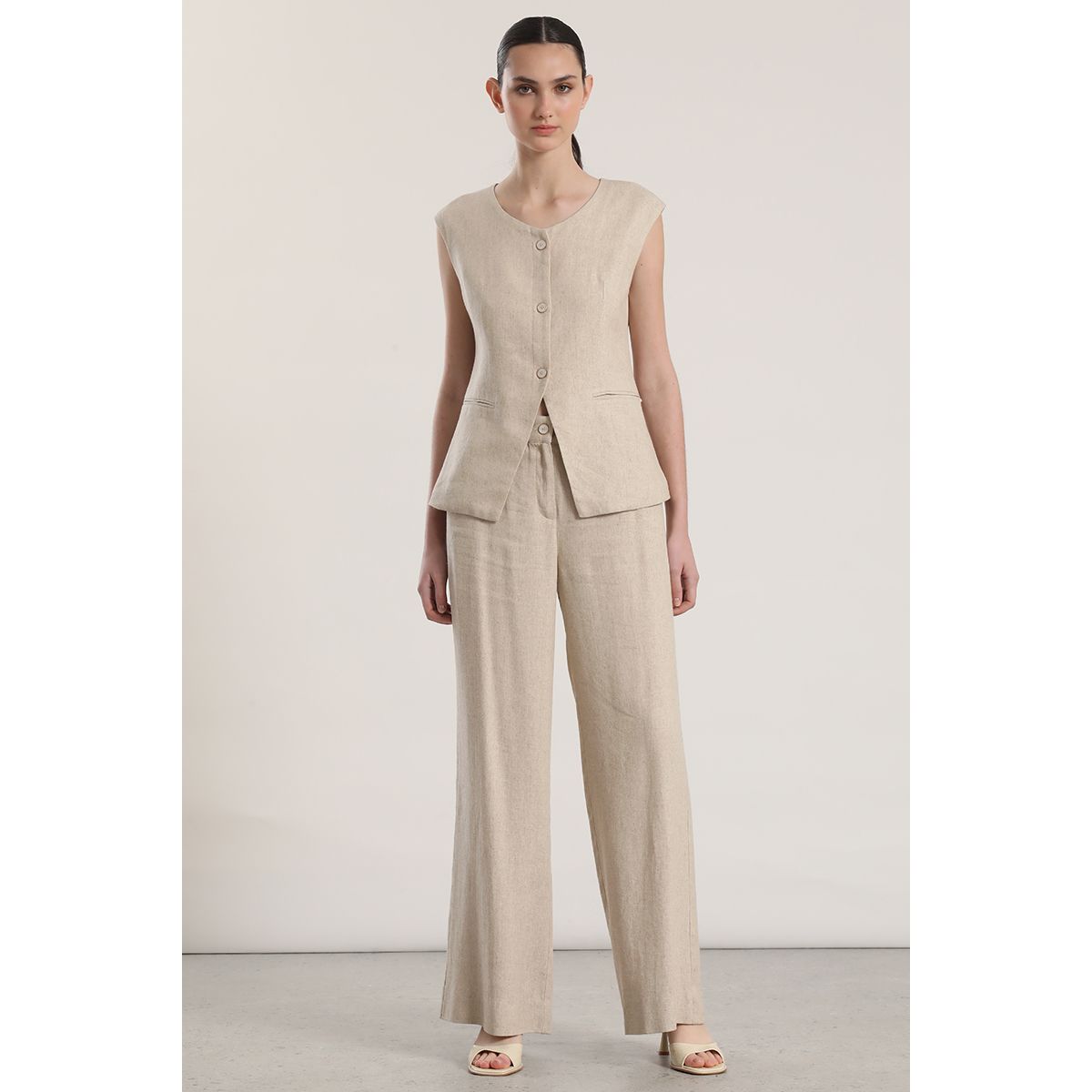 LIOLA - Pantalón palazzo lino rustico liola mujer beige
