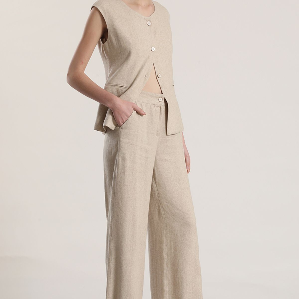 LIOLA - Pantalón palazzo lino rustico liola mujer beige