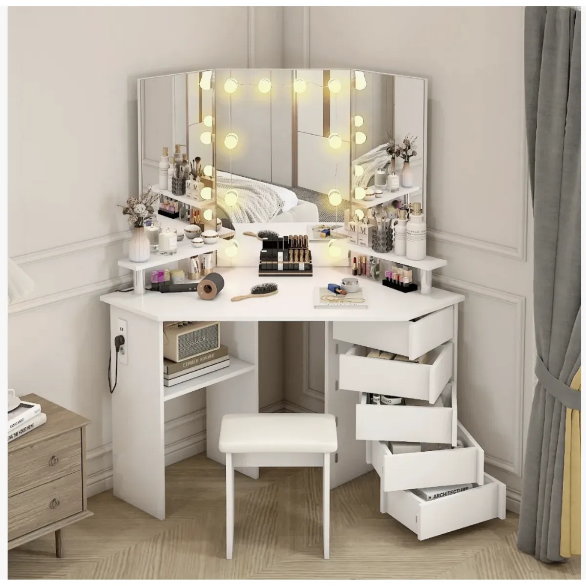 HOMER DESIGN - Tocador Esquinero Profesional Led Hollywood Enchufe Taburete