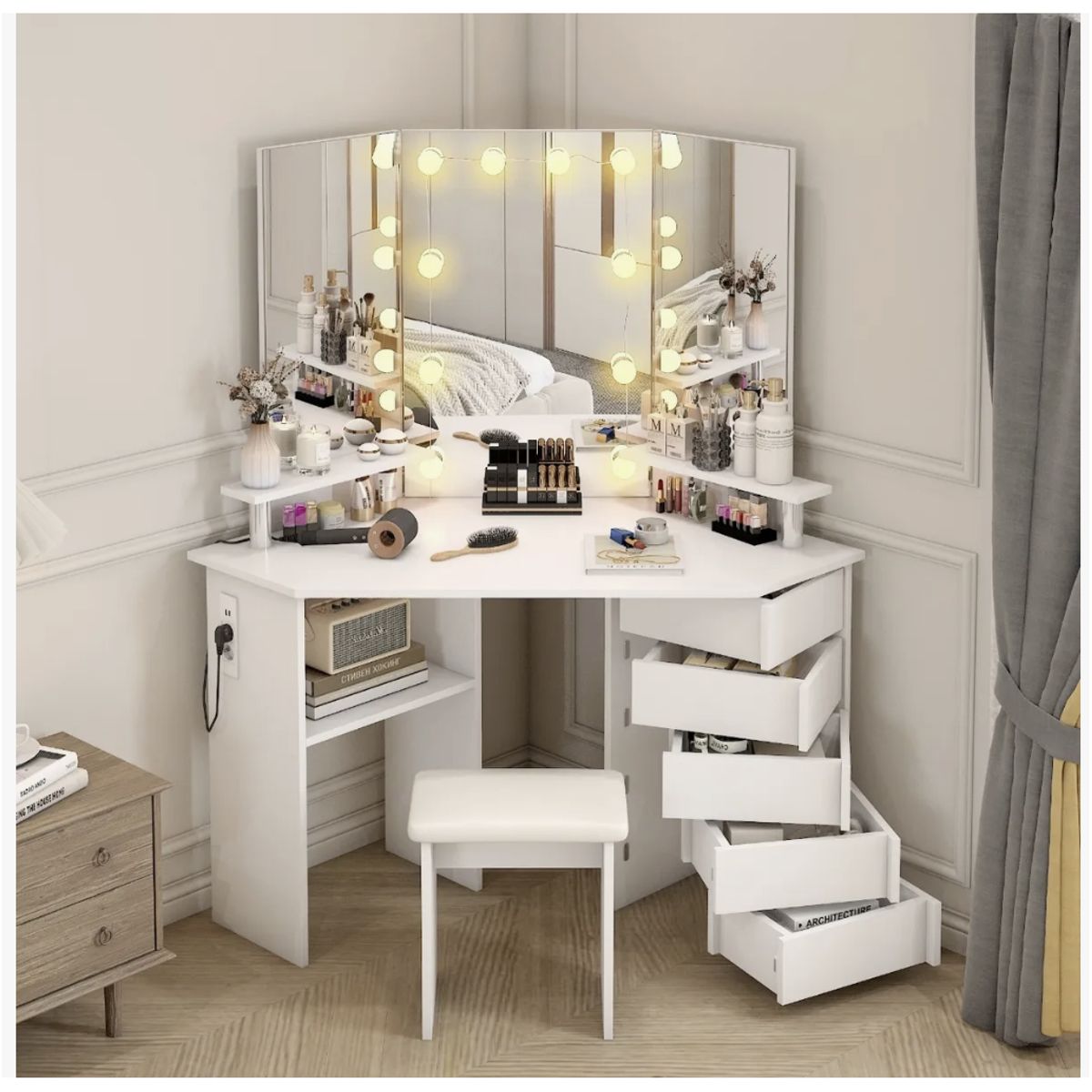 HOMER DESIGN - Tocador Esquinero Profesional Led Hollywood Enchufe Taburete