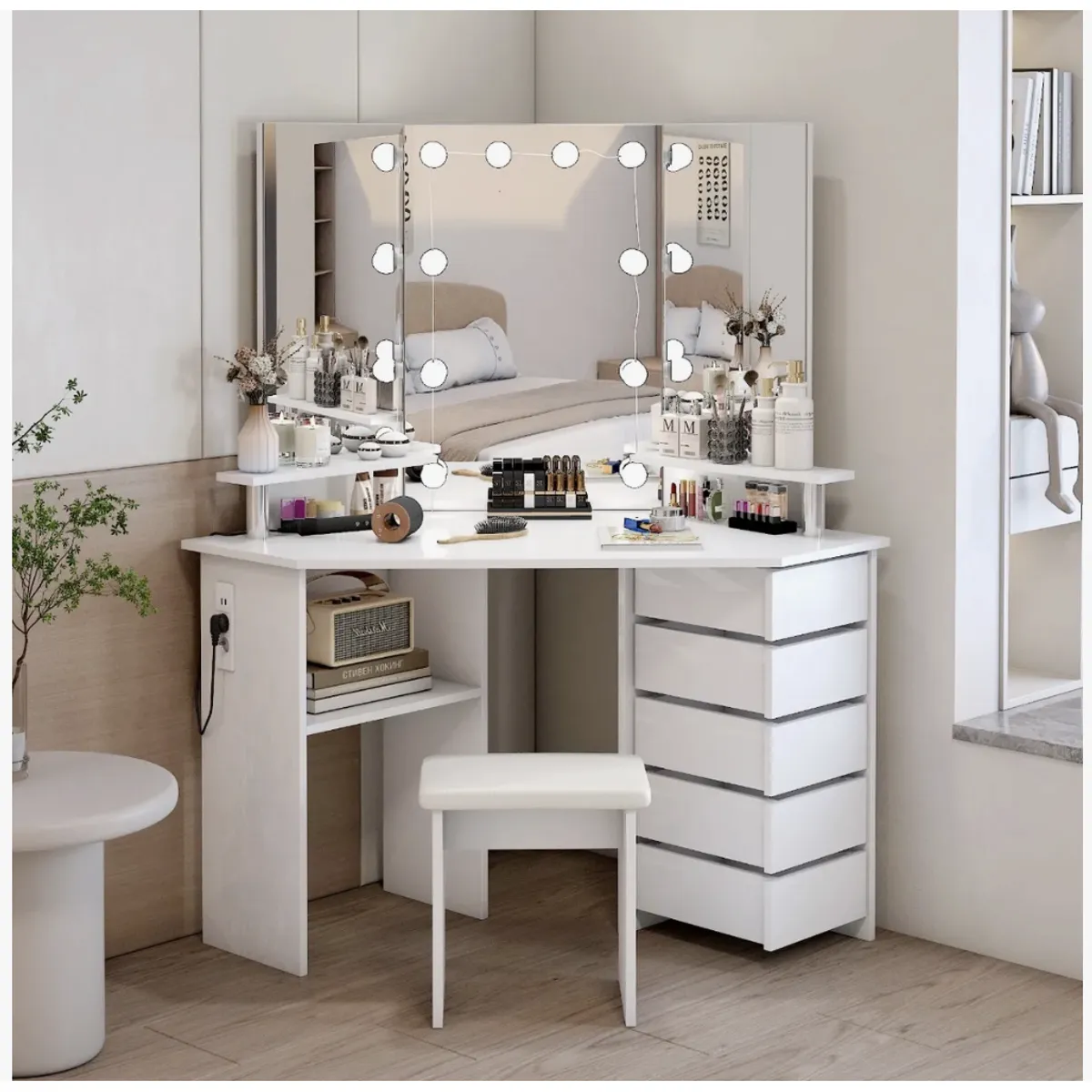 HOMER DESIGN - Tocador Esquinero Profesional Led Hollywood Enchufe Taburete