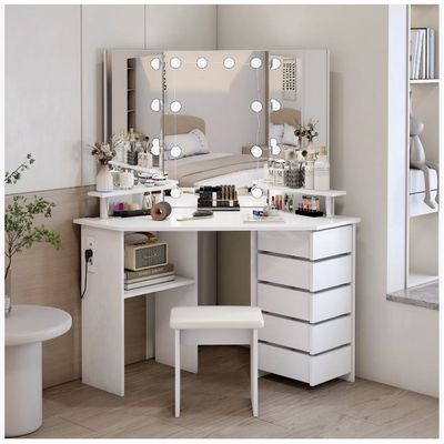 Imagen 2 del producto Tocador Esquinero Profesional Led Hollywood Enchufe Taburete