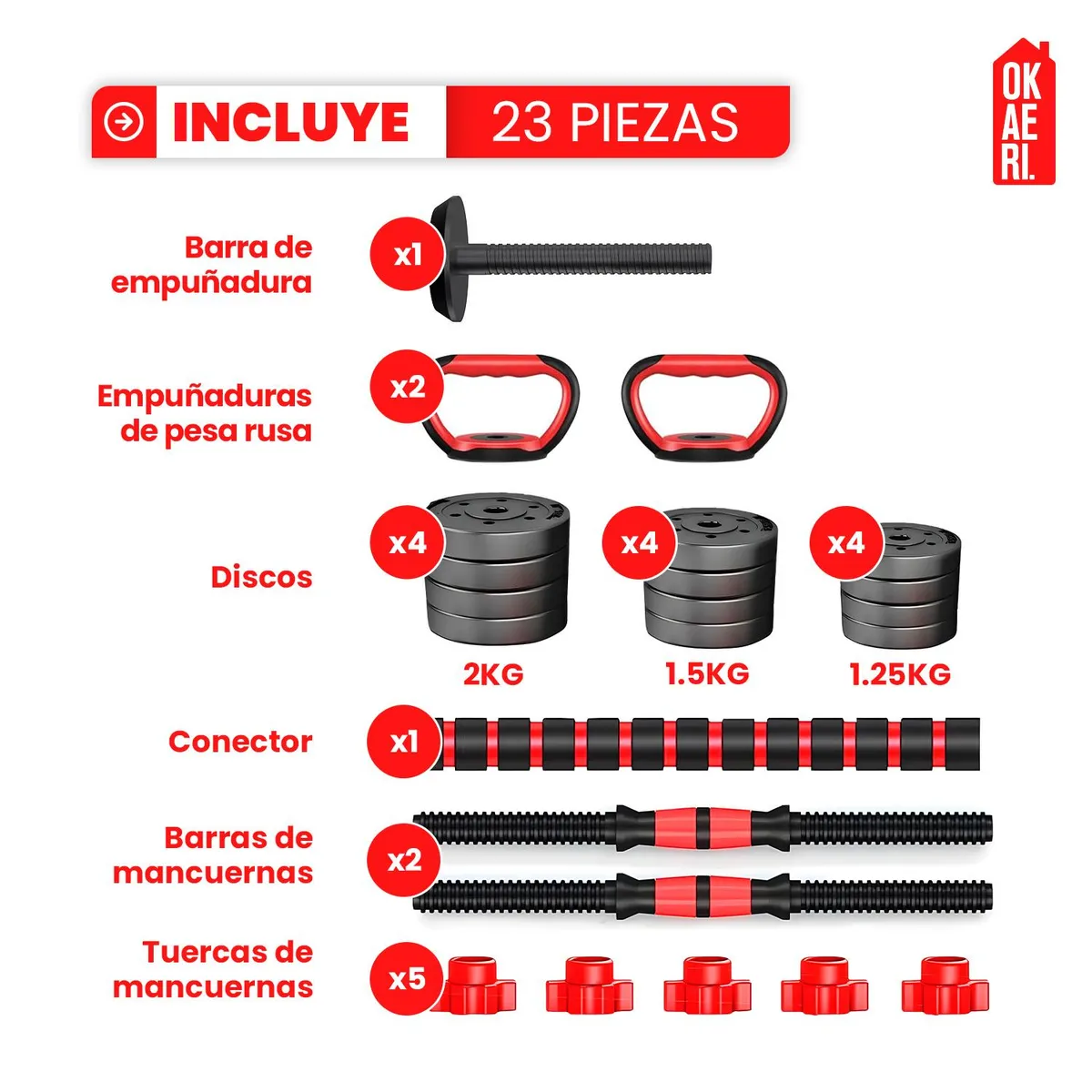 GENERICO - Set Mancuerna ajustable 20kl Pesa Rusa, Barra Extension Marca Okaeri - Negro