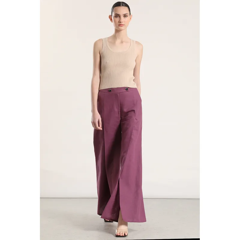 LIOLA - Pantalón ancho lino liola mujer vino