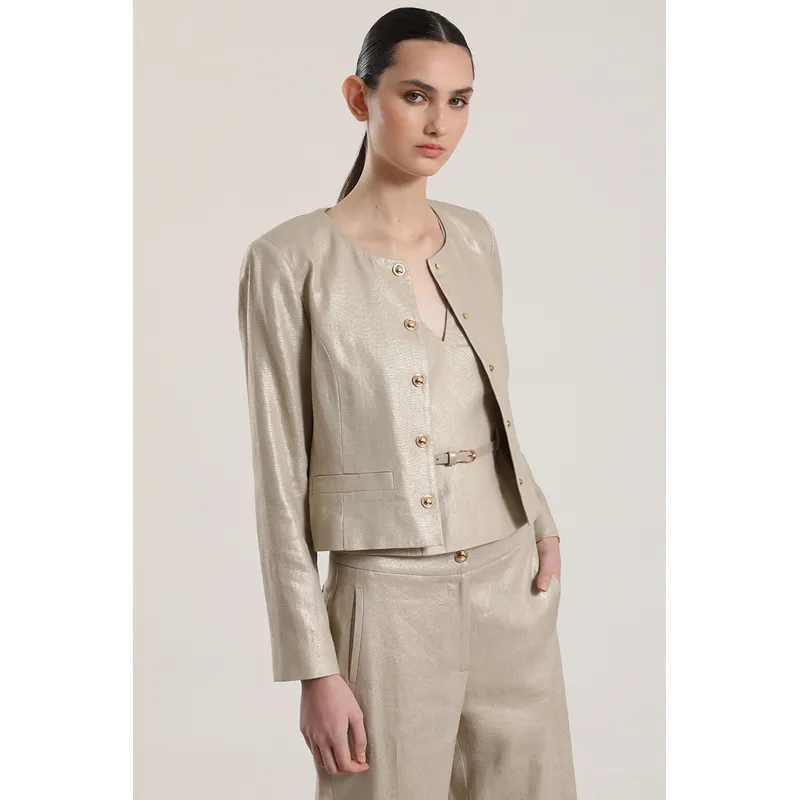 LIOLA - Chaqueta corta lino liola mujer beige