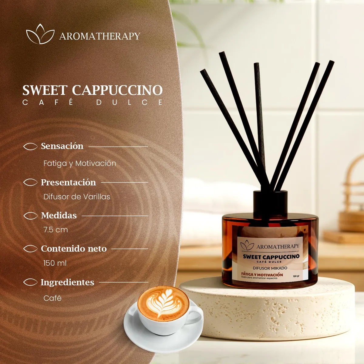 GENERICO - Difusor De Aroma Mikado Aromatherapy 150ml + Varillas Ratan - Cafe