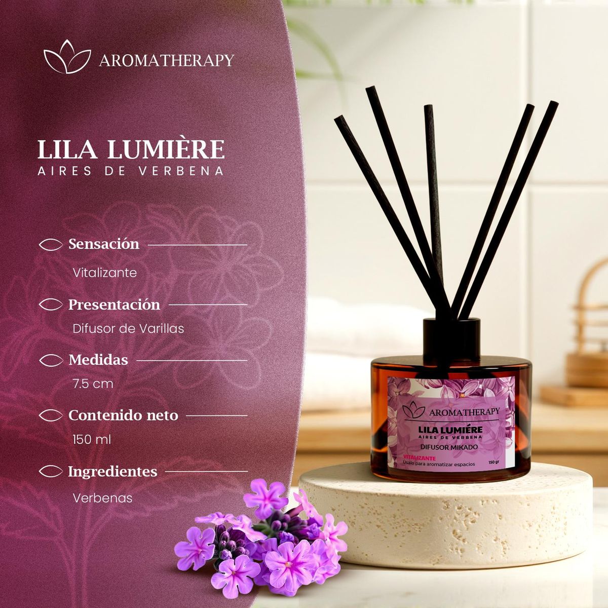GENERICO - Difusor De Aroma Mikado Aromatherapy 150ml + Varillas Ratan - Fucsia