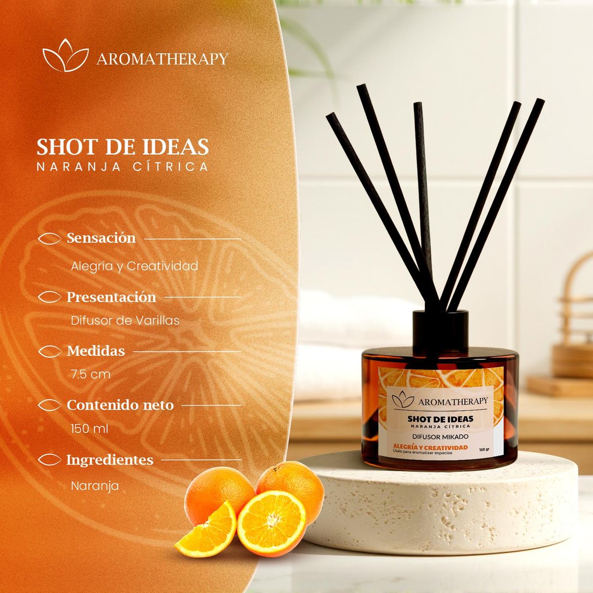 GENERICO - Difusor De Aroma Mikado Aromatherapy 150ml + Varillas Ratan - Naranja claro