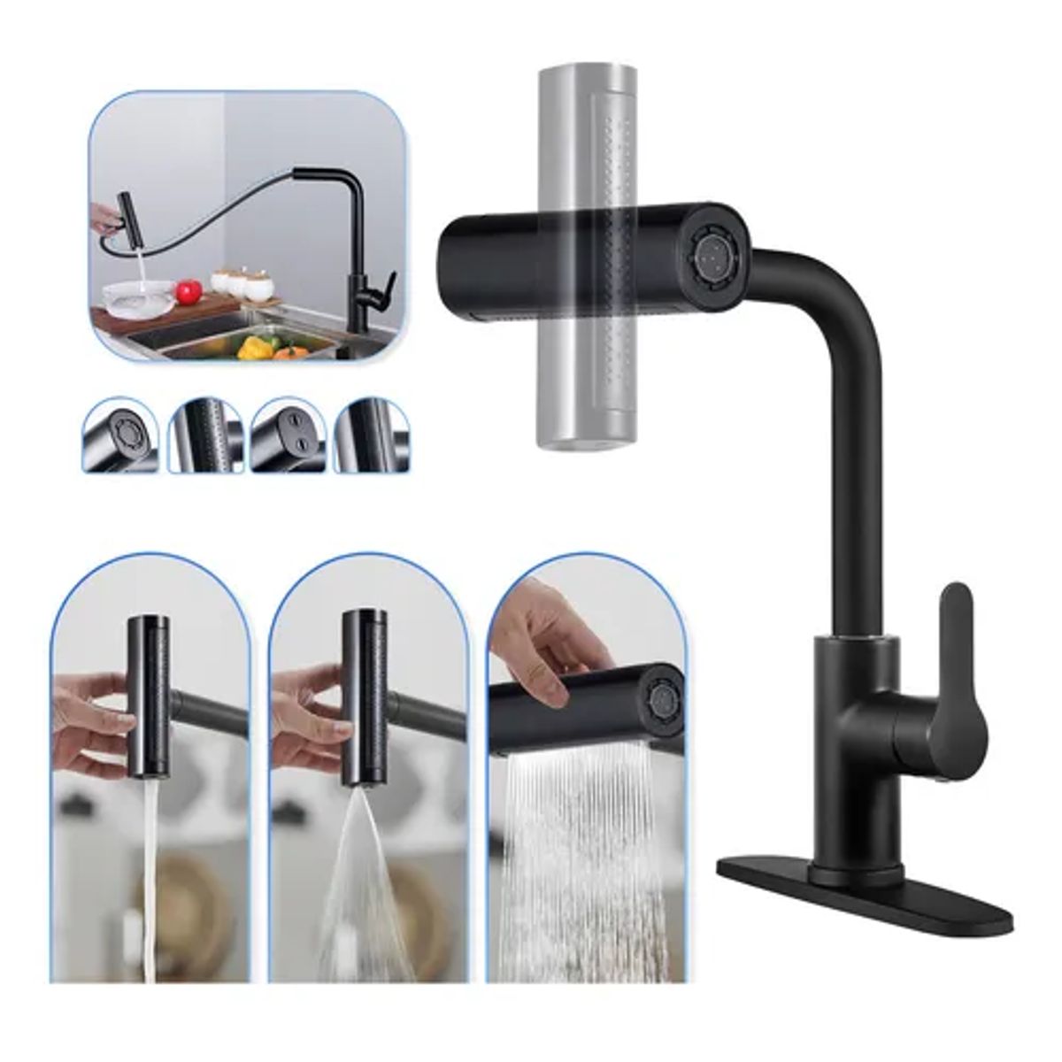 GENERICO - Llave Cocina Multifunción 4 Modos Dosificación Agua Mate Color Negro