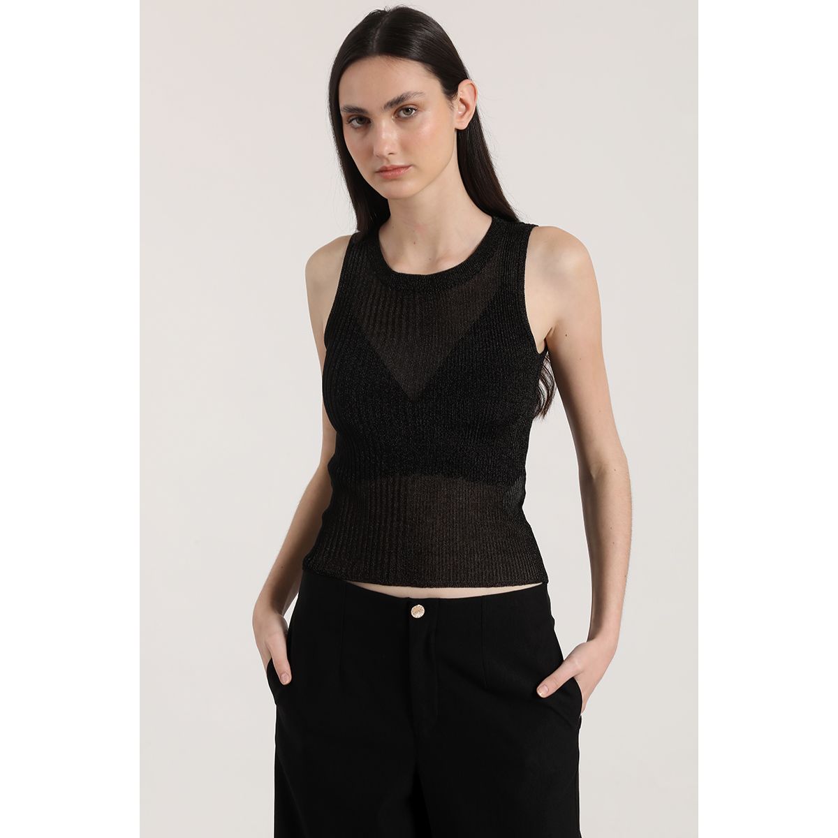LIOLA - Polera punto hilo metalizado mujer Liola negro