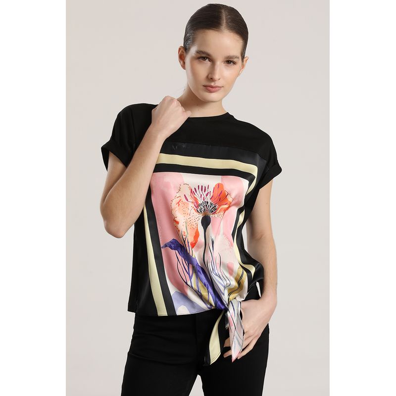 LIOLA - Polera satín amarra liola mujer negro