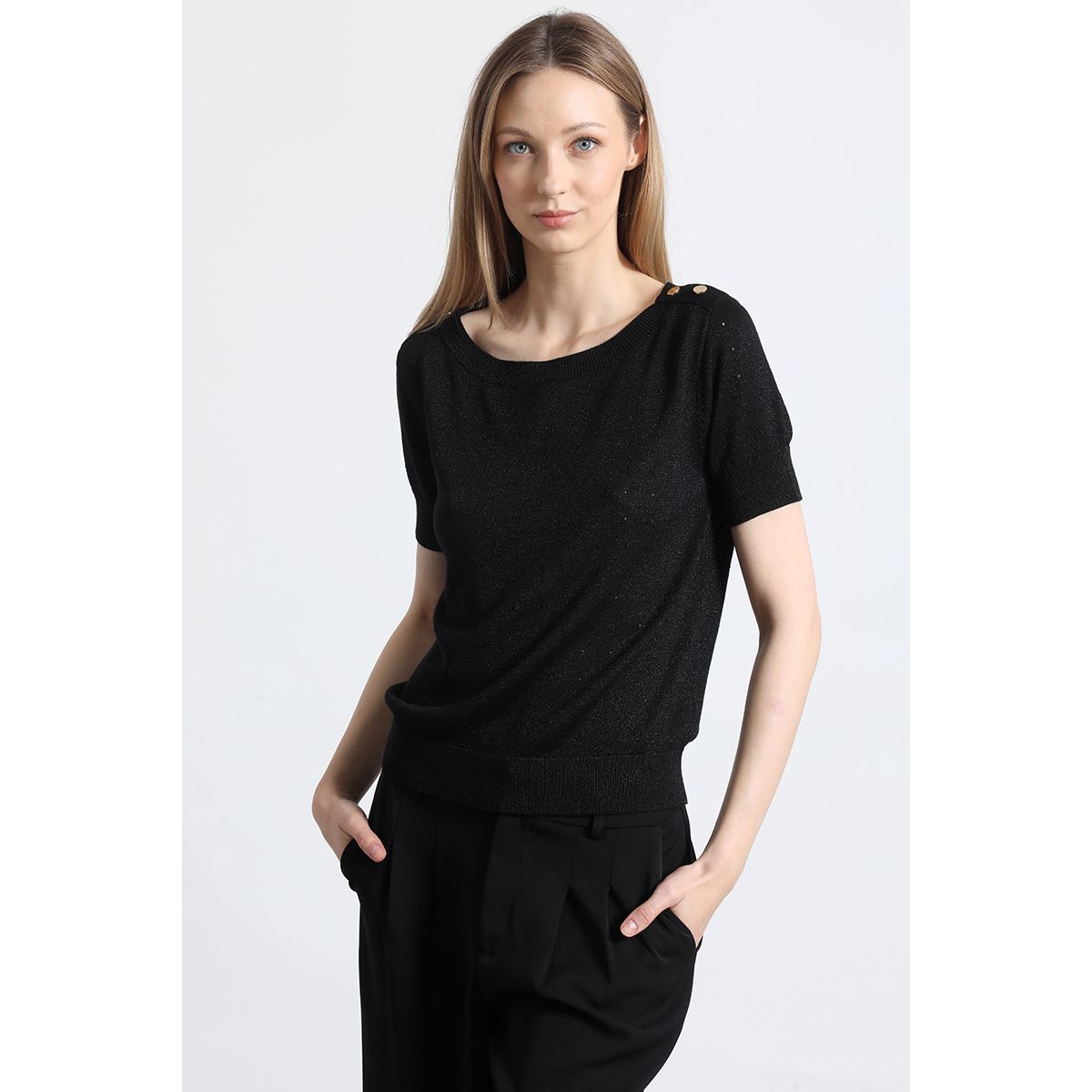 LIOLA - Polera tejida hilo metalizado liola mujer negro