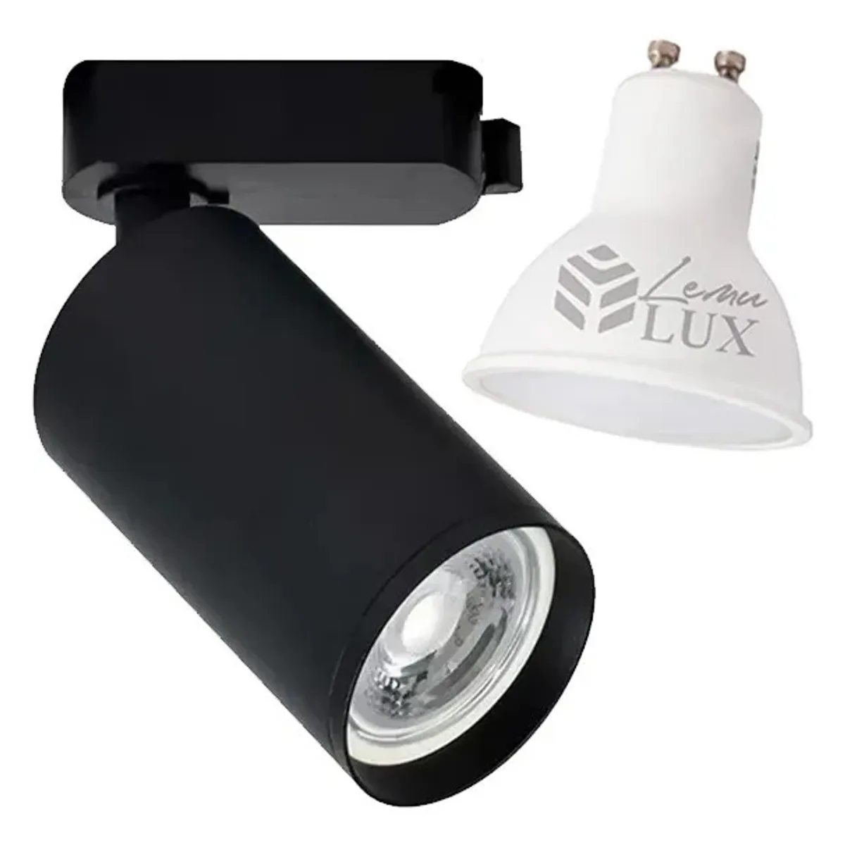 LEMU LUX - Foco Riel Monofasico Negro Gu10 + Ampolleta Led.