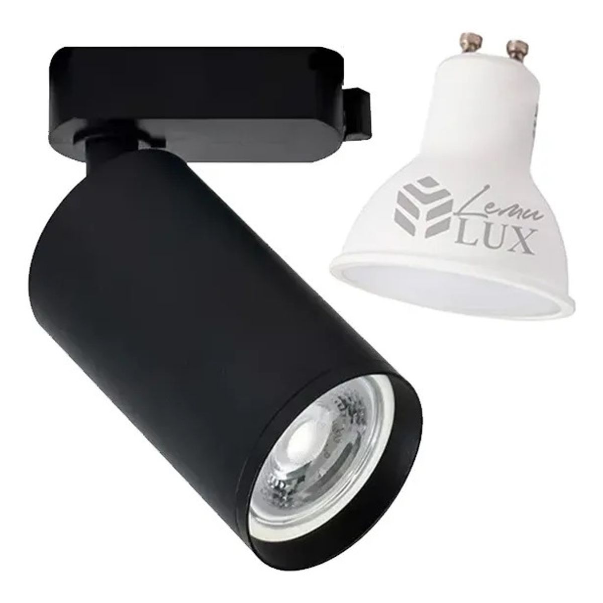 LEMU LUX - Foco Riel Monofasico Negro Gu10 + Ampolleta Led.