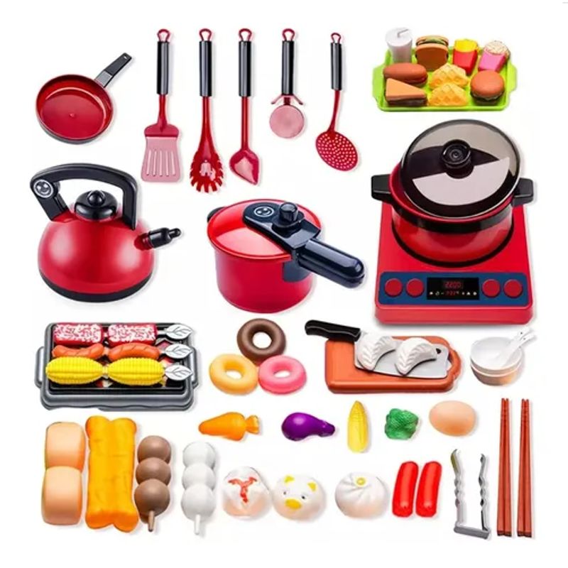 GENERICO - Set Cocina Juguete 72 Piezas Accesorios Utensilios Comida Rojo