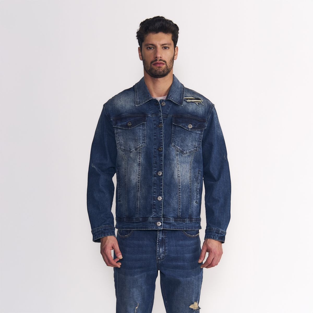 ELLUS - Ellus Chaqueta New Trucker Hombre Denim Med Blue Emboss Destroyed