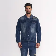 ELLUS - Chaqueta New Trucker Hombre Denim Med Blue Emboss Destroyed