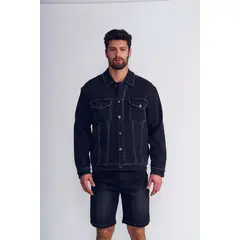 ELLUS - Chaqueta New Trucker Hombre Denim Negro Castaño Emboss