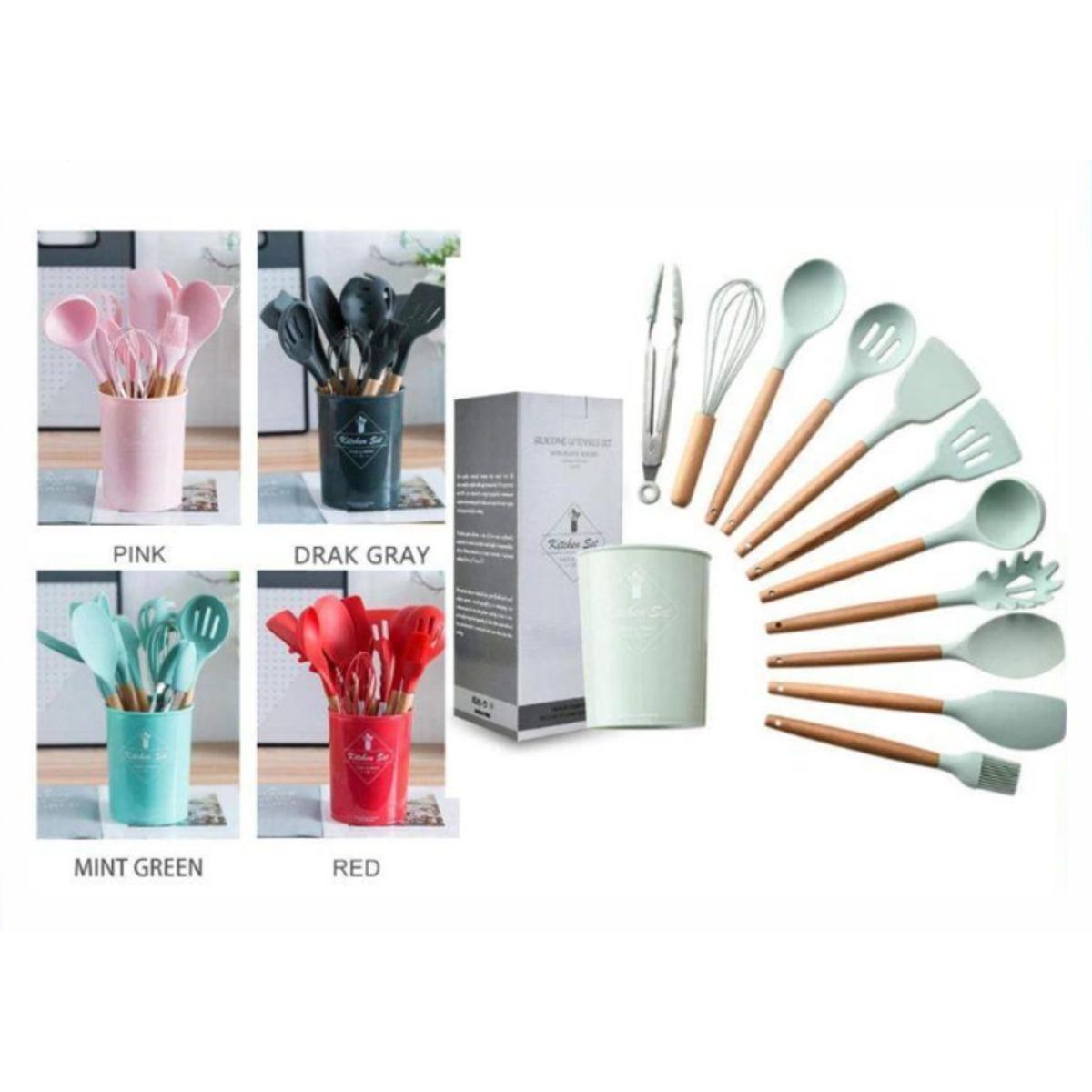 GENERICO - Set De 12 Utensilios De Cocina De Silicona Color Rojo