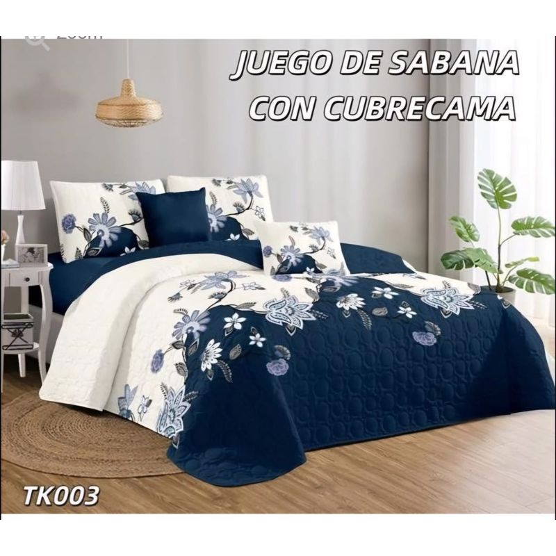 GENERICO - Quilt con Juego de Sabanas 2 plazas Azul TK003