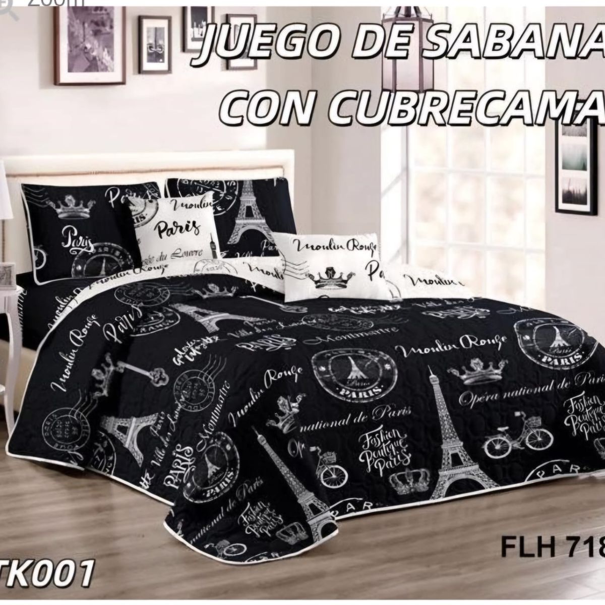 GENERICO - Quilt con Juego de Sabanas 2 plazas Negro TK001