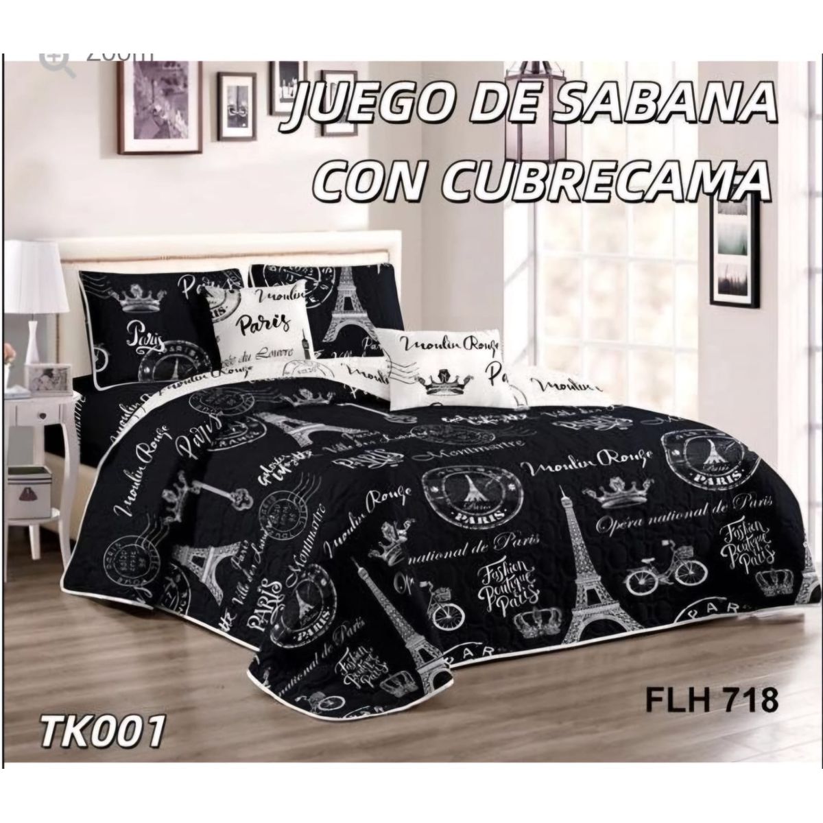 GENERICO - Quilt con Juego de Sabanas 2 plazas Negro TK001