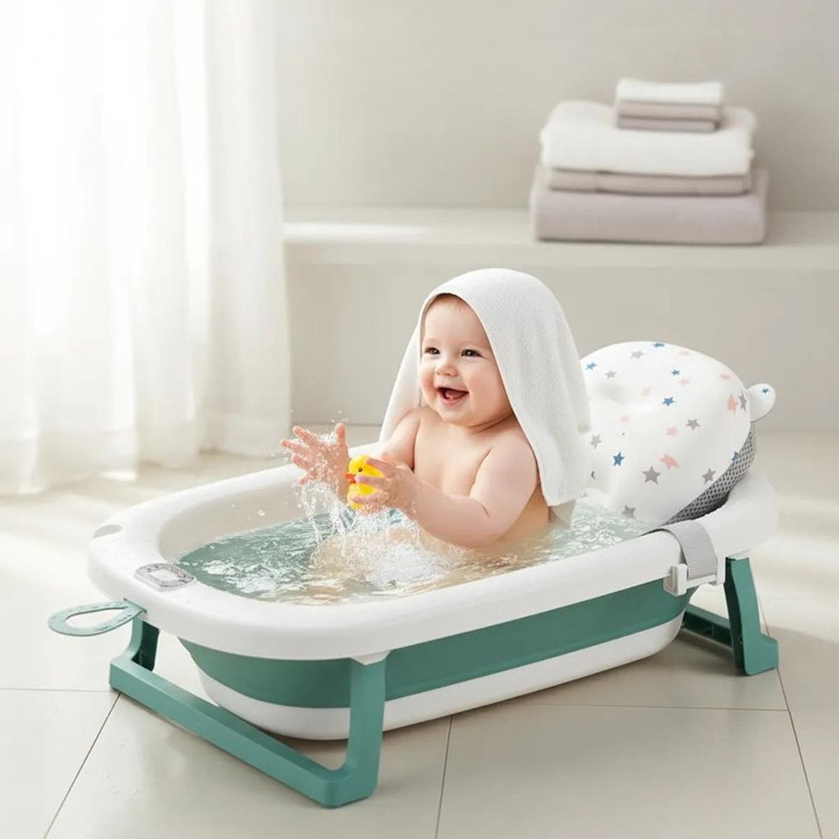 JAGIMA - Bañera Plegable Bebé + Malla + Termómetro - Jagima Verde Bañera Digital