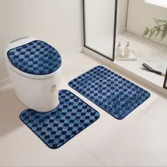 GENERICO - Set de baño 3 PIEZAS AZUL DISEÑO CUADROS PEQUEÑOS TF