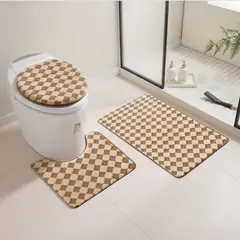 GENERICO - Set de baño 3 PIEZAS BEIGE DISEÑO CUADROS PEQUEÑOS TF