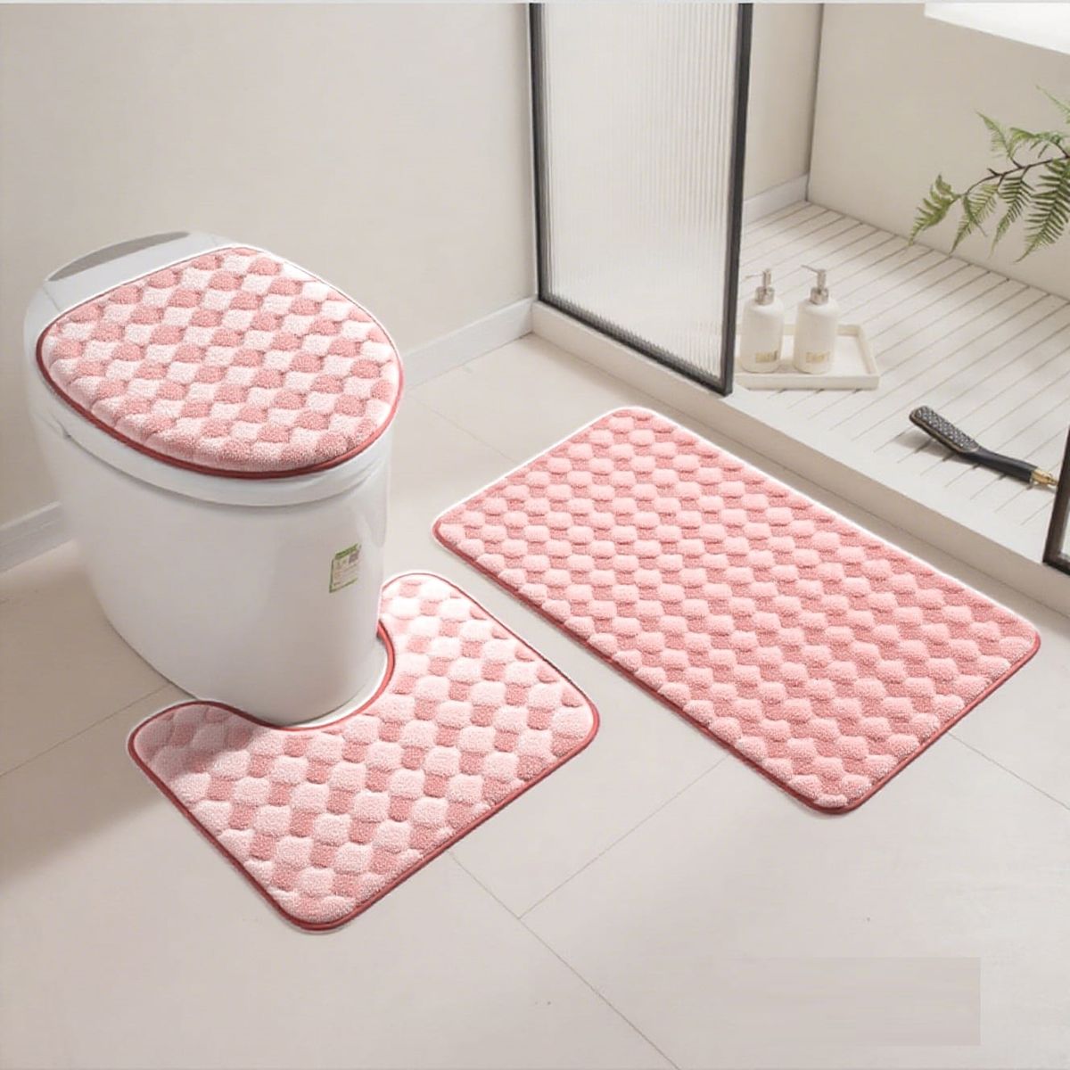 GENERICO - set de baño 3 PIEZAS ROSA DISEÑO CUADROS PEQUEÑOS TF