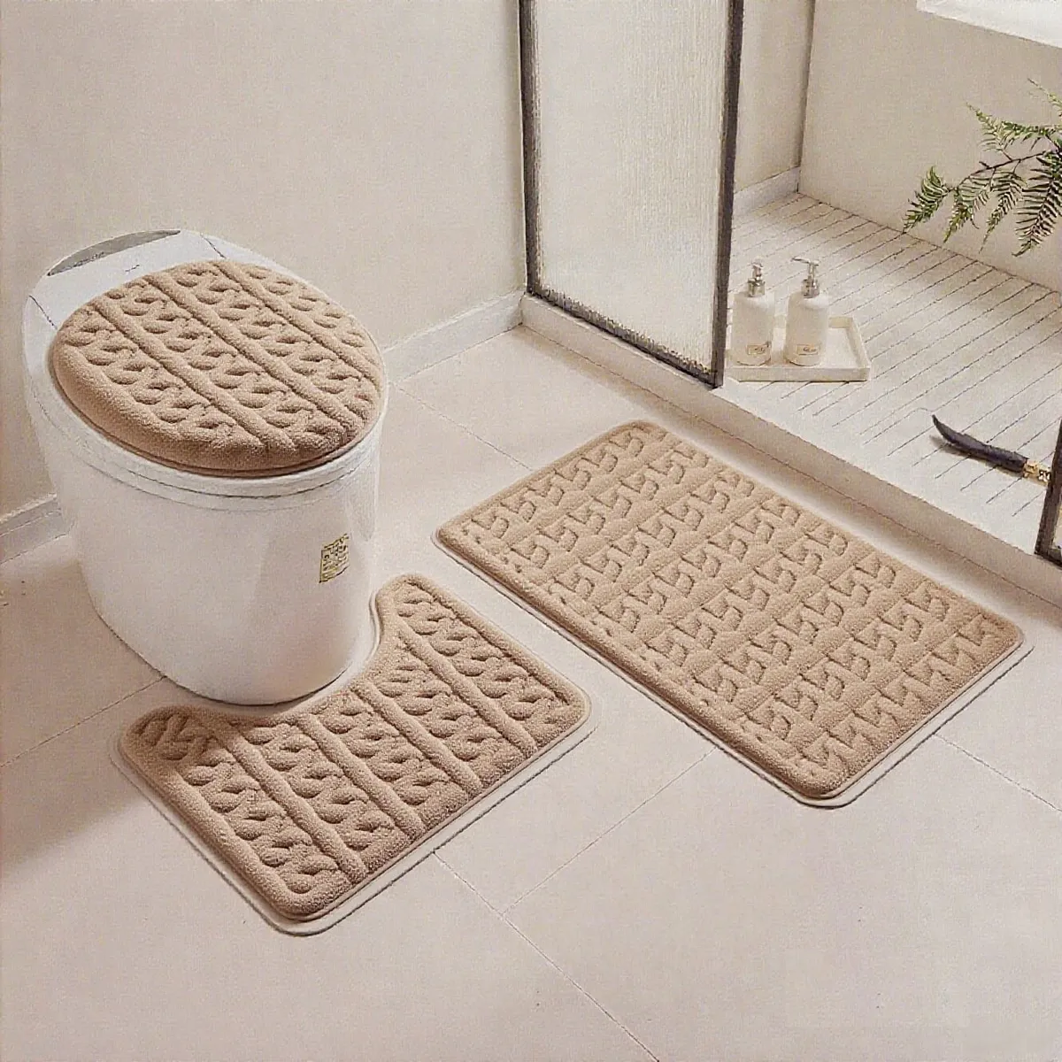 GENERICO - set de baño 3 PIEZAS BEIGE DISEÑO FELPUDO TRENZADO TF