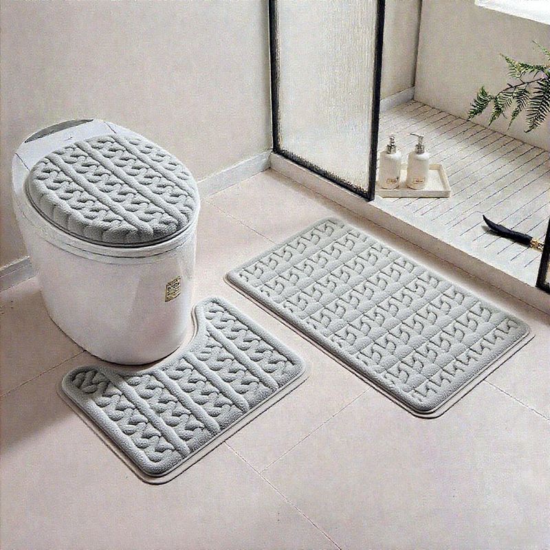 GENERICO - set de baño 3 PIEZAS GRIS DISEÑO FELPUDO TRENZADO TF