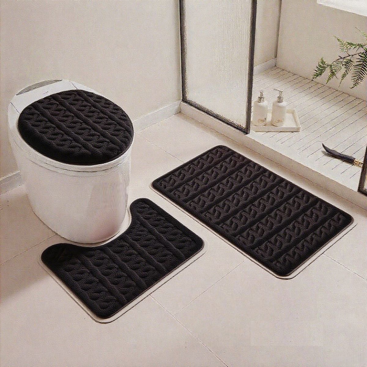 GENERICO - set de baño 3 PIEZAS NEGRO DISEÑO FELPUDO TRENZADO TF