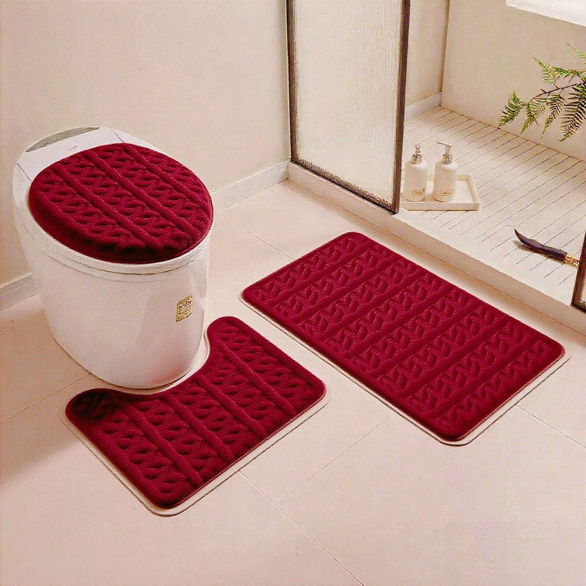 GENERICO - set de baño 3 PIEZAS BURDEO DISEÑO FELPUDO TRENZADO TF