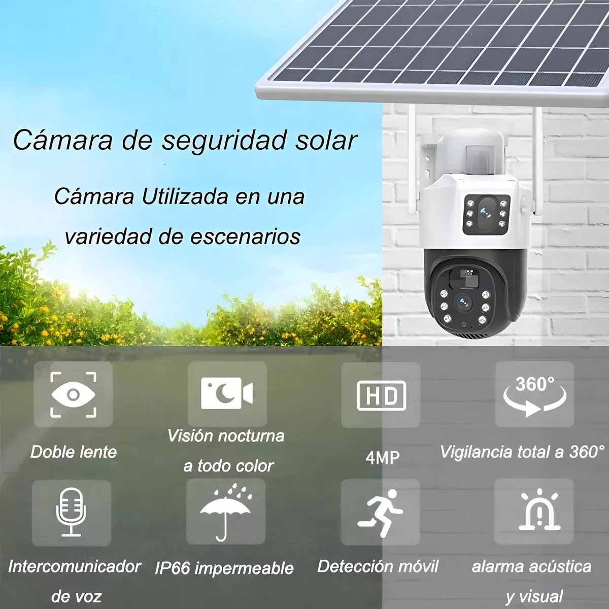 ANYHOGAR - Cámara Solar 360° Exterior Wifi Inalámbrica Doble Lente 4mp