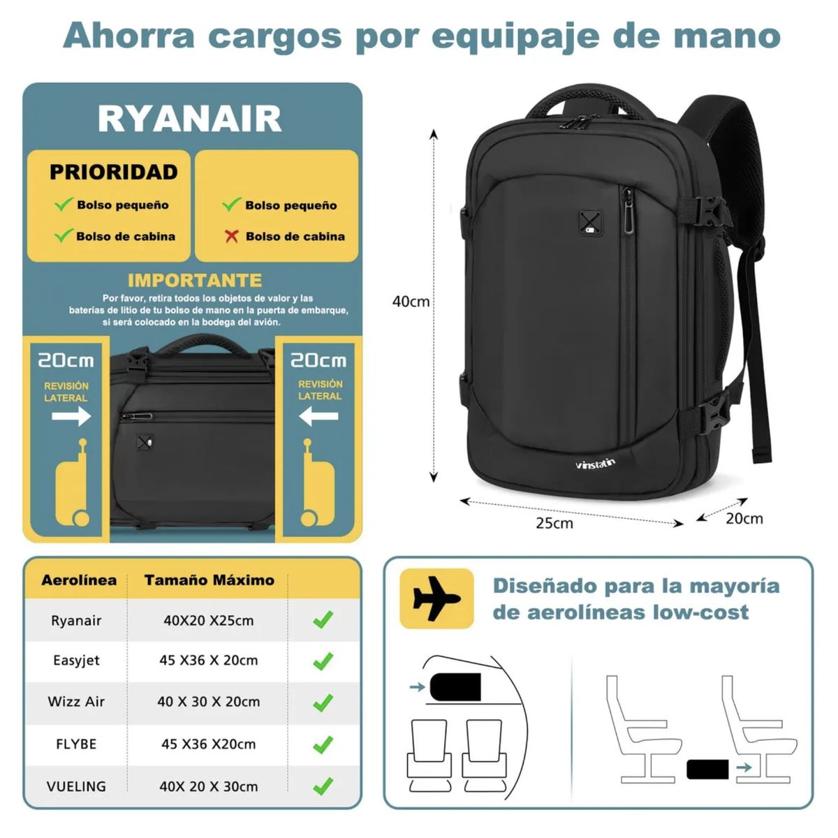 BAYGE - Mochila De Viaje Cabina Avion 40x20x25 20l