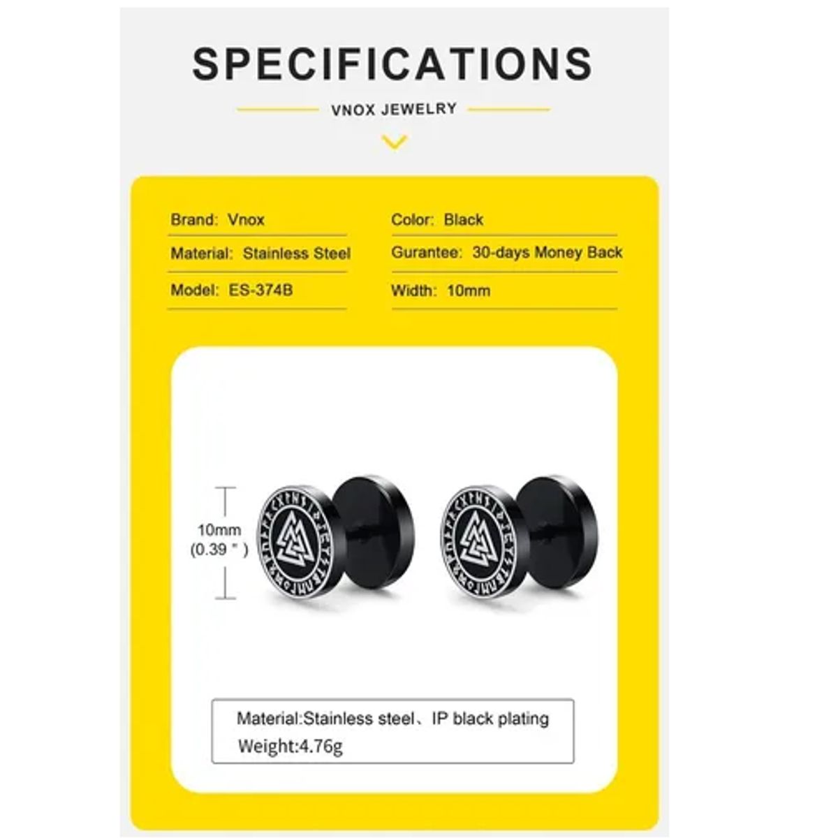 GENERICO - Aros Punk Black Vikingos Valknut Ring Circular Hombre Mujer