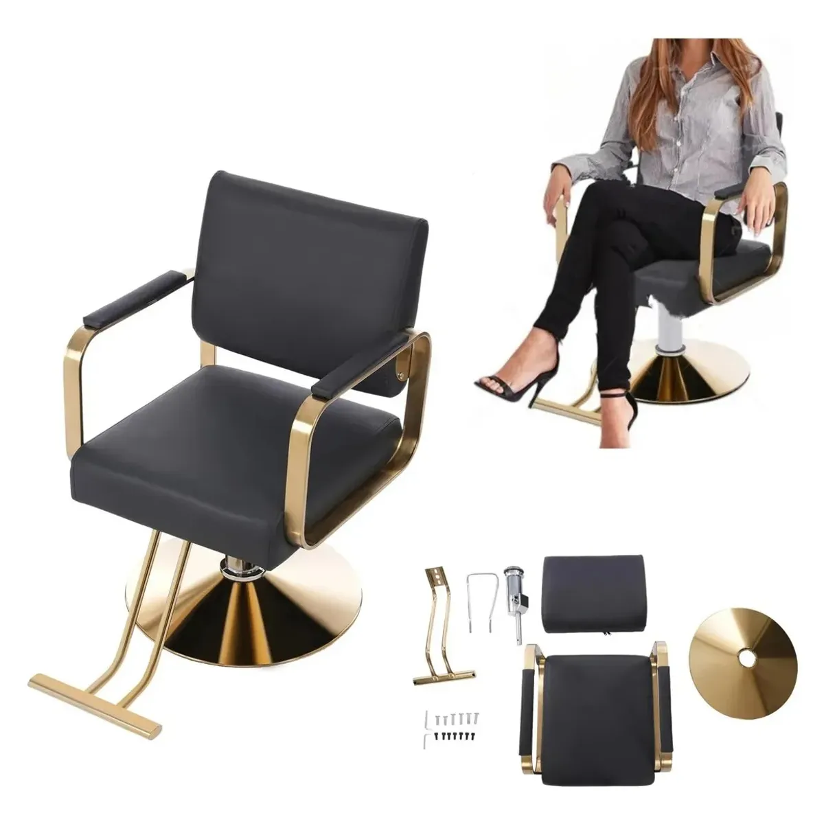 KUANGYE - Hidráulico Profesional Silla Escritorio Y Sillón De Barberia Negro Cuero Sintético