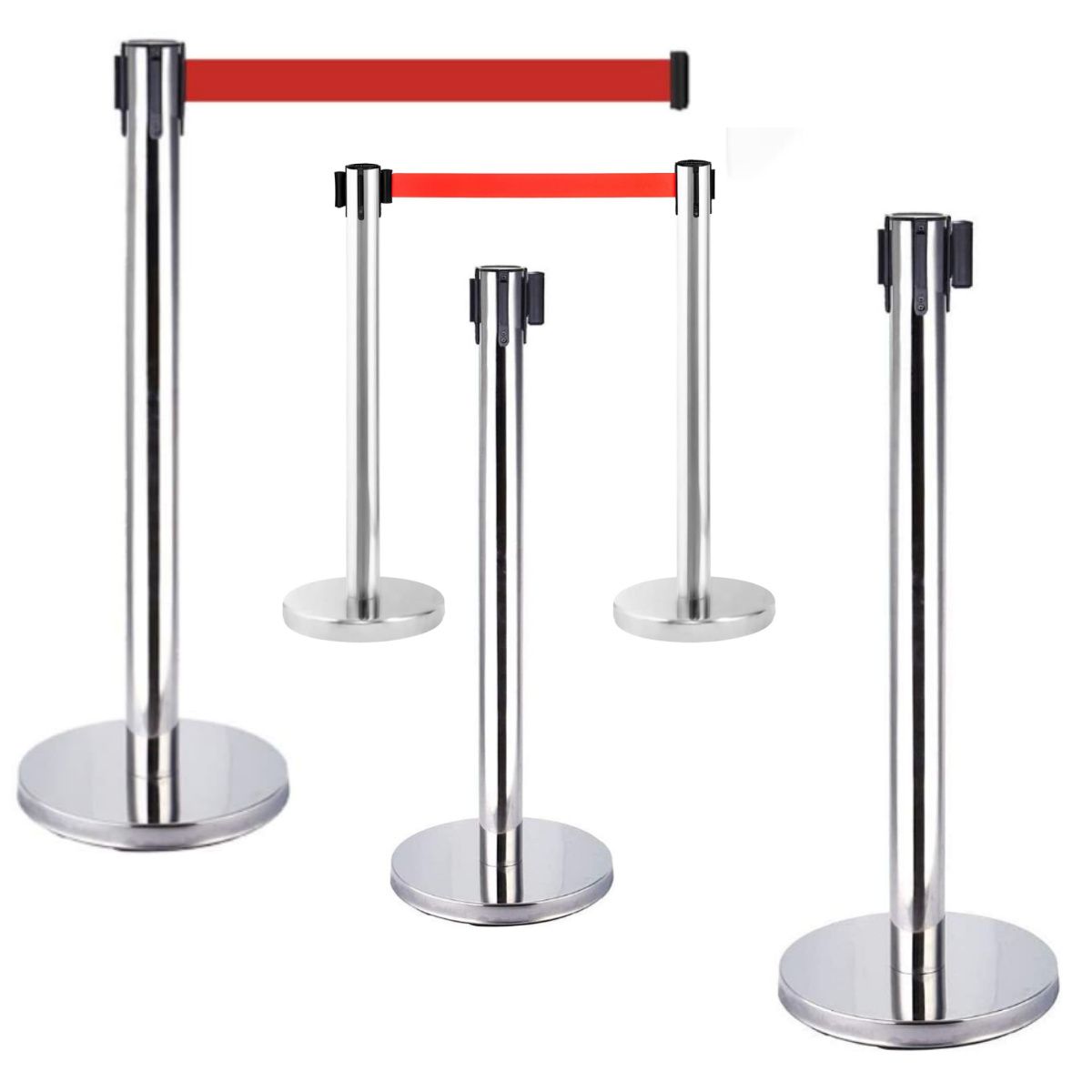 KUANGYE - Set 5 Soportes Control De Multitud,Con Cinturón Retráctil Plata De 2m Y Base