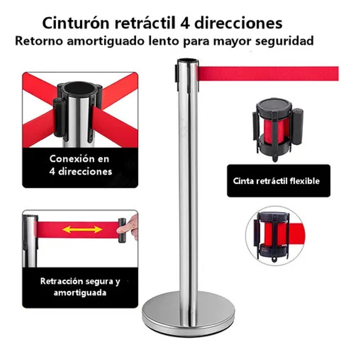 KUANGYE - Set 5 Soportes Control De Multitud,Con Cinturón Retráctil Plata De 2m Y Base