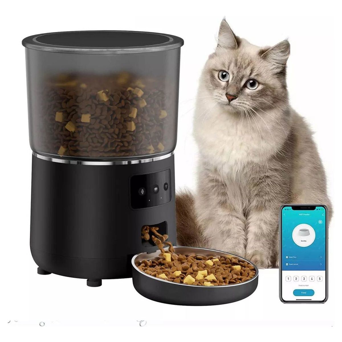 PELUDINES - Dispensador Alimentador Automático Perro Gato Wifi 4l Negro
