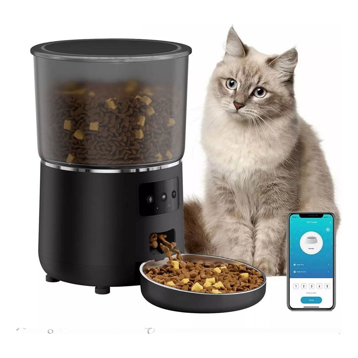 PELUDINES - Dispensador Alimentador Automático Perro Gato Wifi 4l Negro