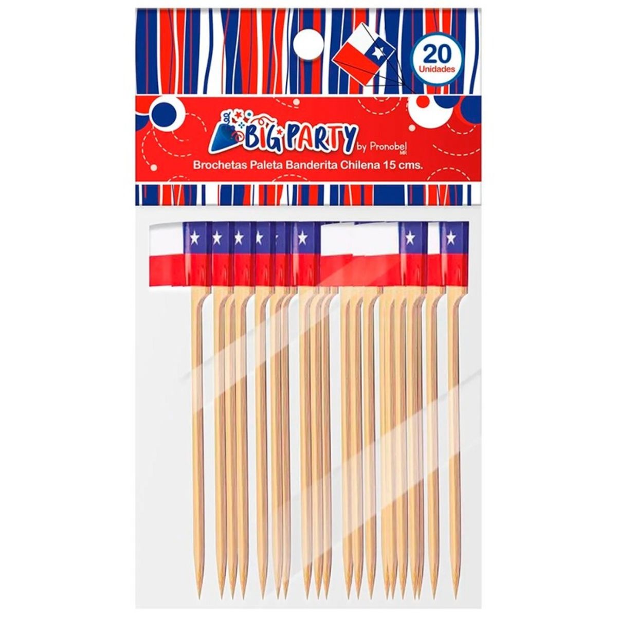 BIG PARTY - PACK X 4 BROCHETA CON BANDERA CHILENA 15 CENTIMETROS 20 UND  BIG PARTY